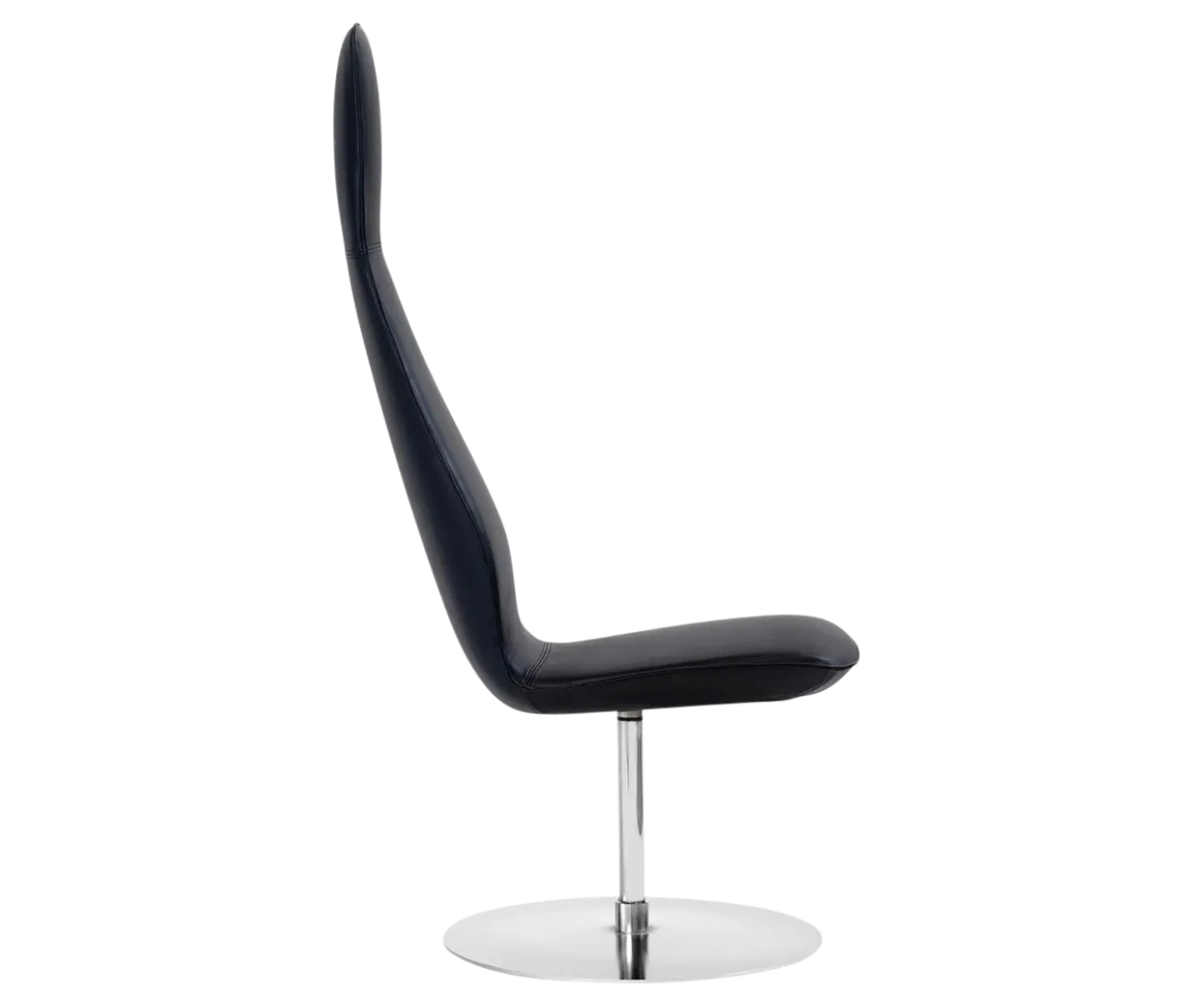 Bla Station Poppe high-back lounge chair, right-side view with fully upholstered dark seat, armrests, and round disc base.