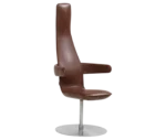 Bla Station Poppe high-back lounge chair with fully upholstered brown leather seat, armrests, and a round disc base.