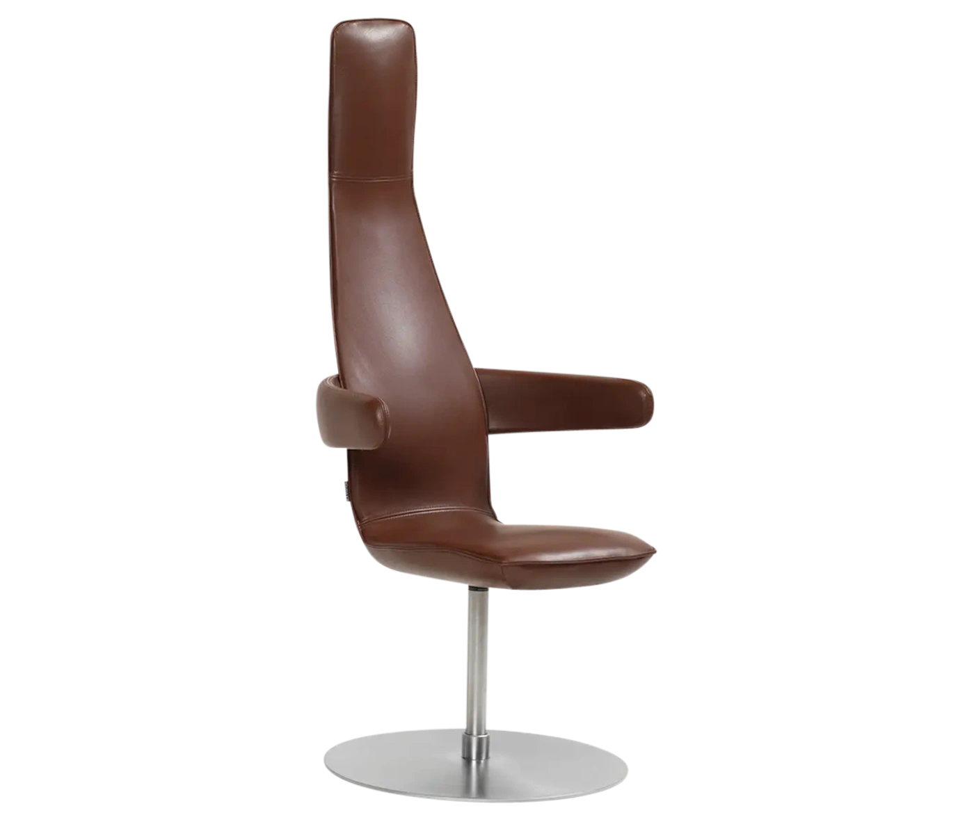 Bla Station Poppe high-back lounge chair with fully upholstered brown leather seat, armrests, and a round disc base.