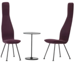 Bla Station Poppe high-back lounge chairs with elongated backrests, dark burgundy upholstery, and slim metal legs.
