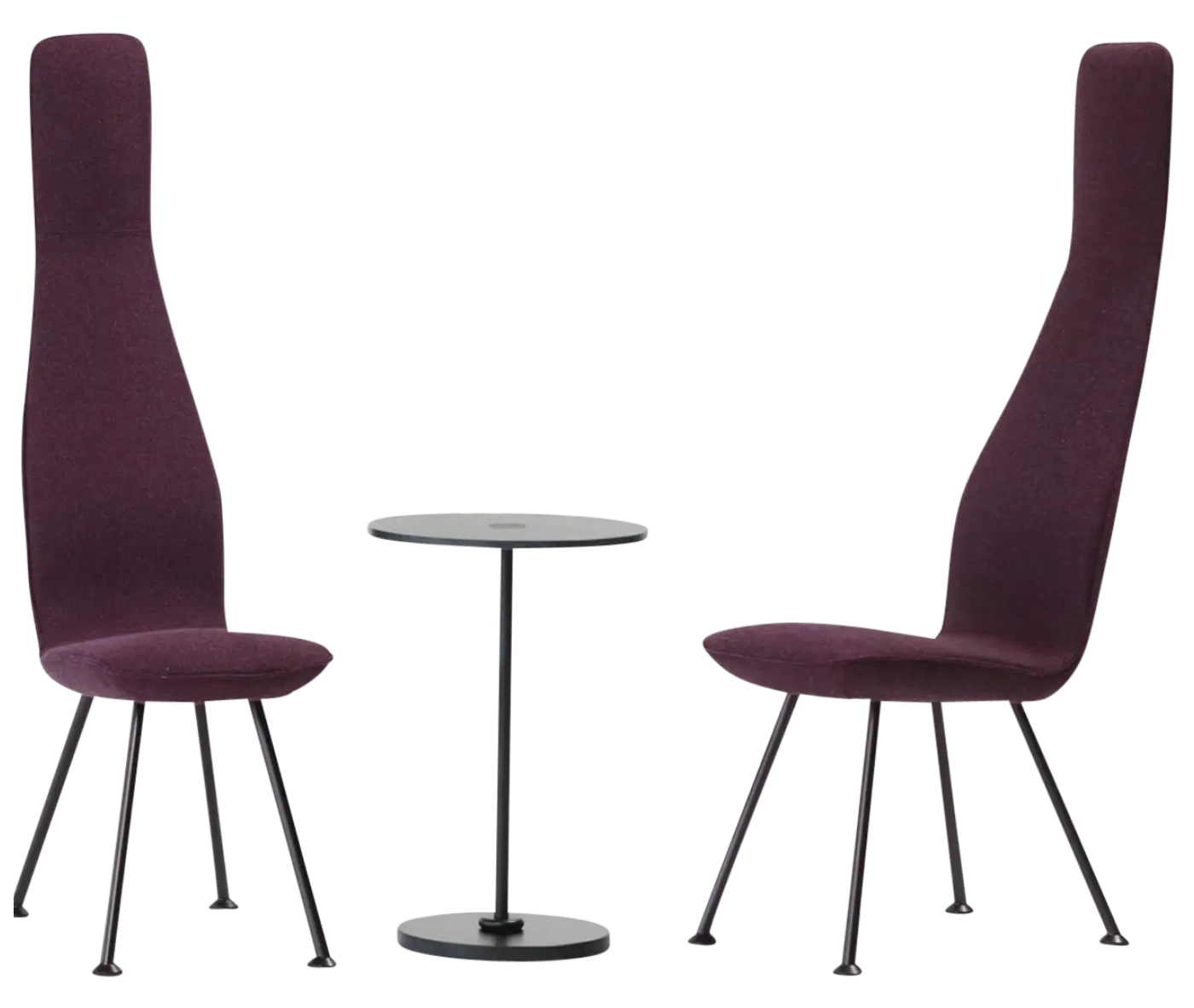 Bla Station Poppe high-back lounge chairs with elongated backrests, dark burgundy upholstery, and slim metal legs.