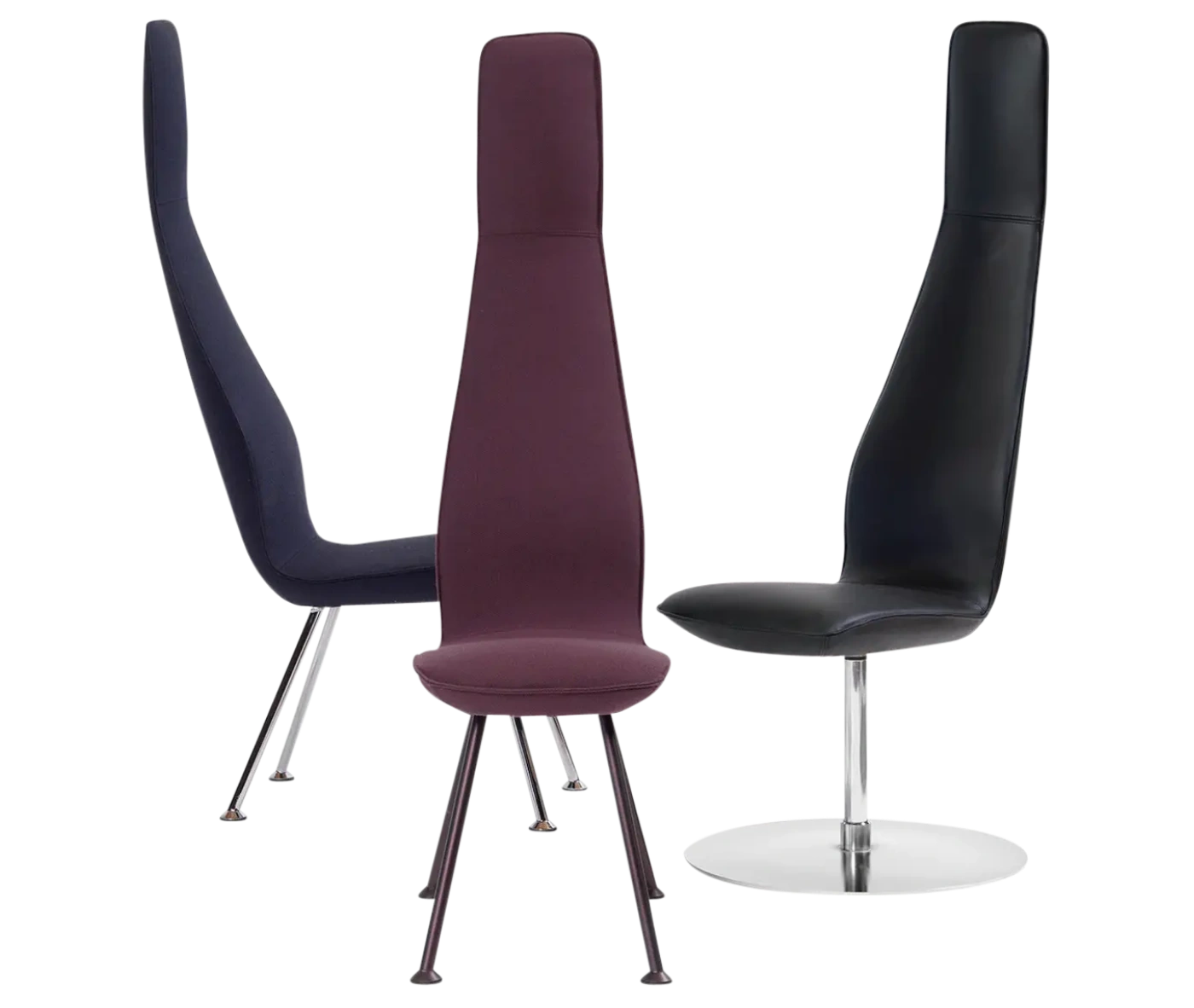 Bla Station Poppe high-back lounge chairs with elongated backrests, assorted upholstery, and slim metal legs.