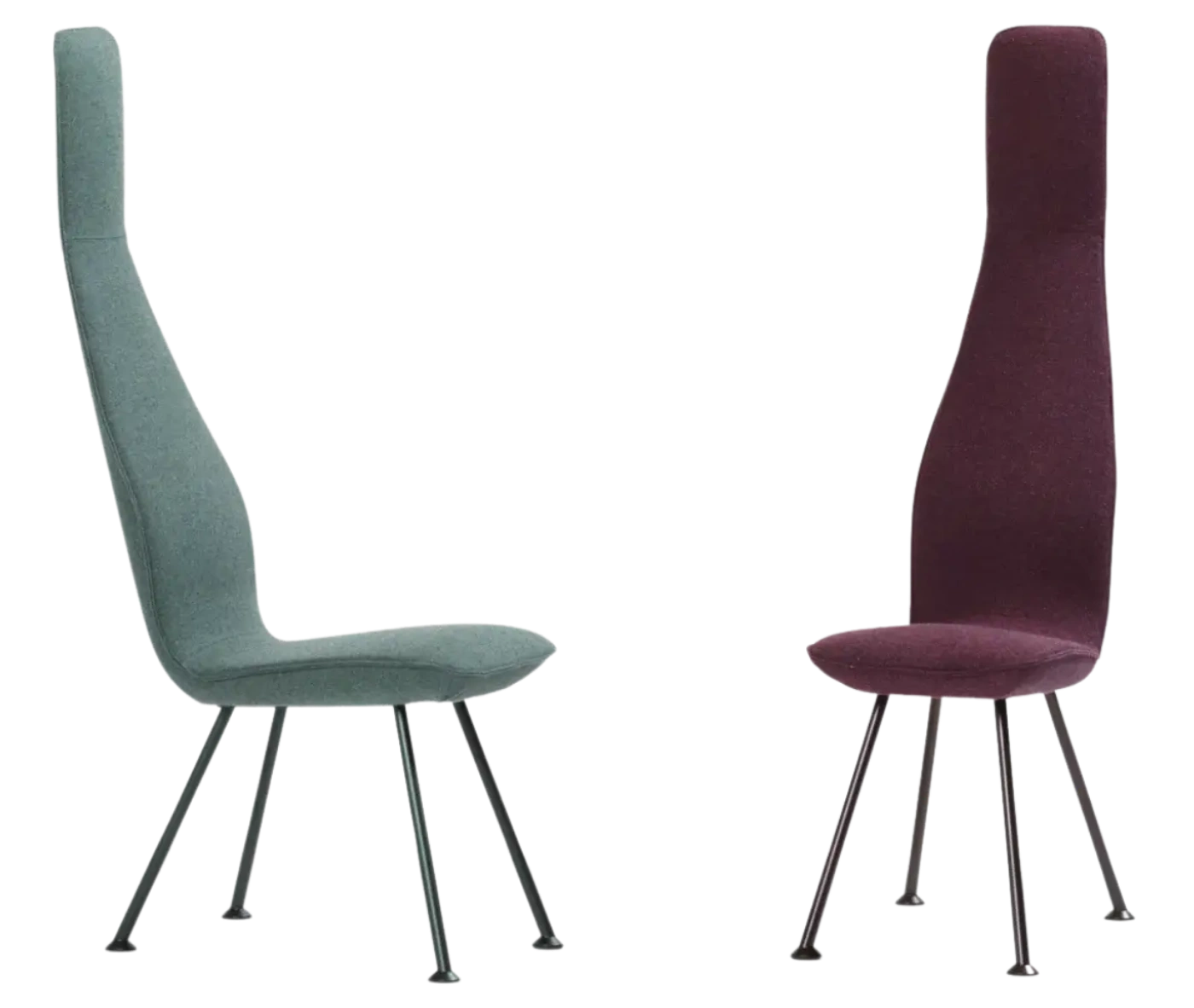 Bla Station Poppe high-back lounge chairs with elongated backrests, fully upholstered and slim metal legs.