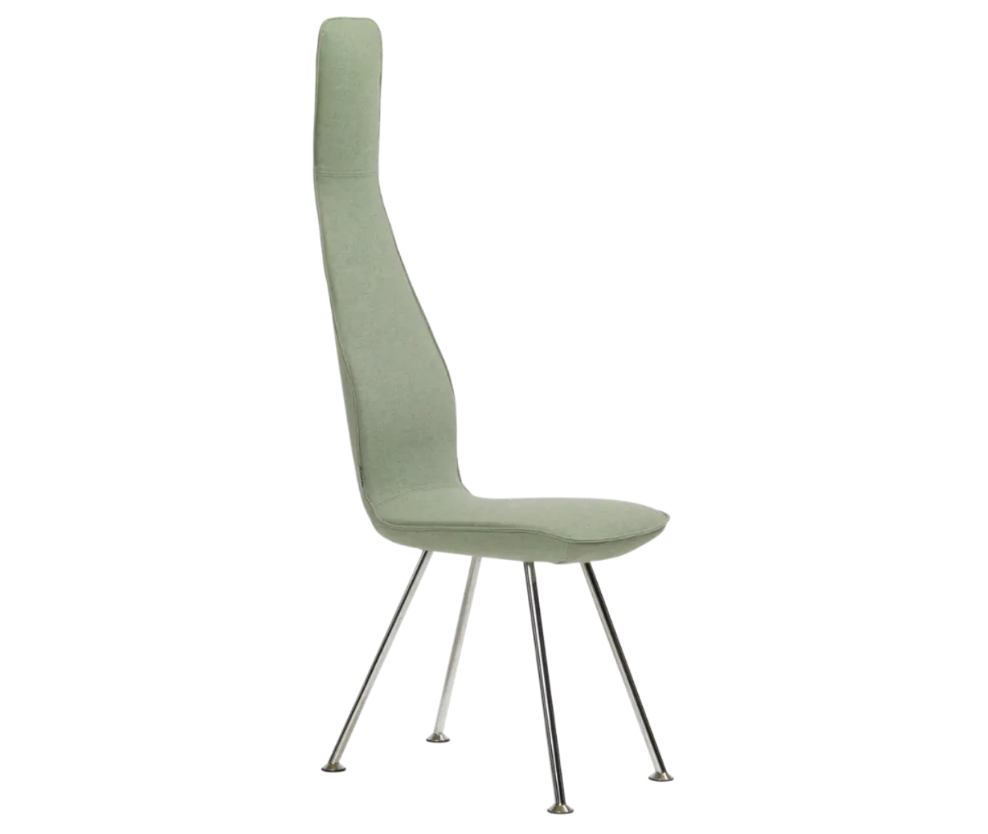Bla Station Poppe high-back lounge chair, front-right view with fully upholstered light sage green seat and slim metal legs.