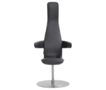 Bla Station Poppe high-back lounge chair with fully upholstered dark leather seat, armrests, and a round disc base.