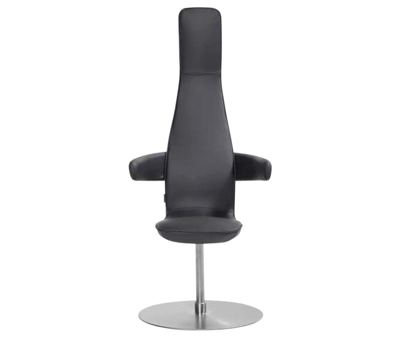 Bla Station Poppe high-back lounge chair with fully upholstered dark leather seat, armrests, and a round disc base.
