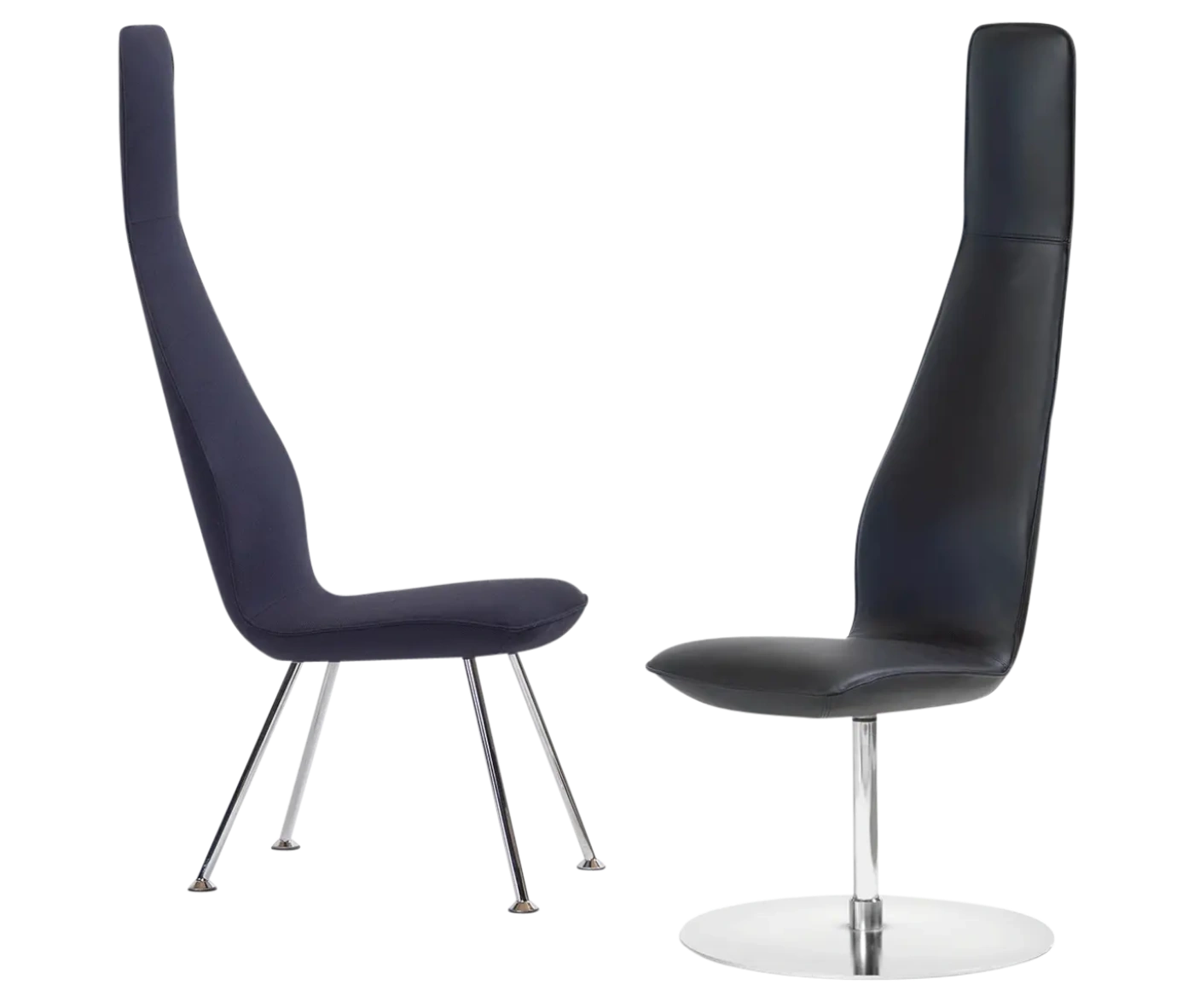 Bla Station Poppe high-back lounge chair with fully upholstered seat and elongated backrest in metal base and legs.