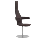 Bla Station Poppe high-back lounge chair, front-right view with fully upholstered dark seat, armrests, and round disc base.