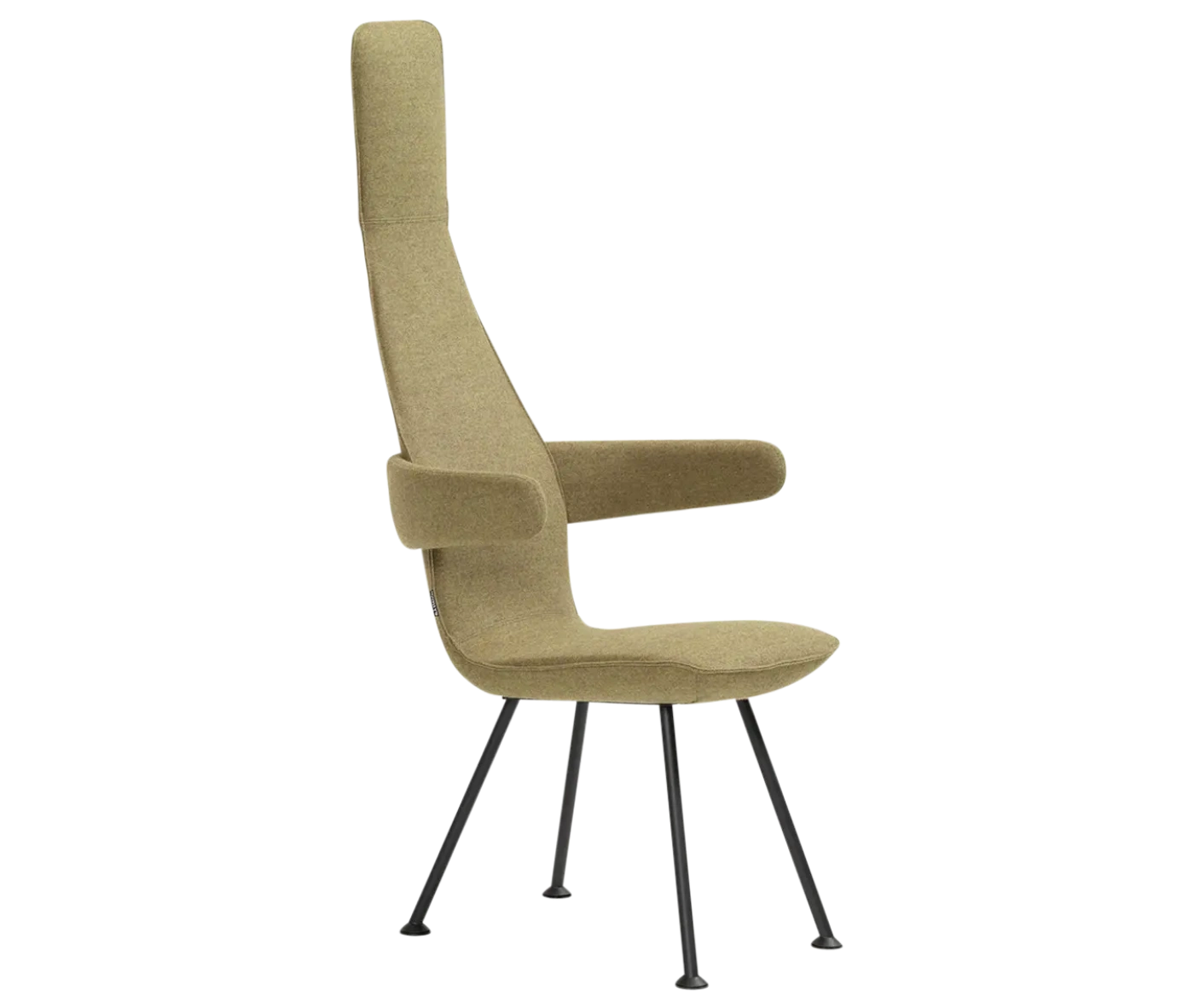 Bla Station Poppe high-back lounge chair, front-right view with fully upholstered beige seat, armrests, and slim metal legs.