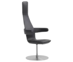 Bla Station Poppe high-back lounge chair in front-right view, fully upholstered dark leather seat, armrests, and a round disc base.