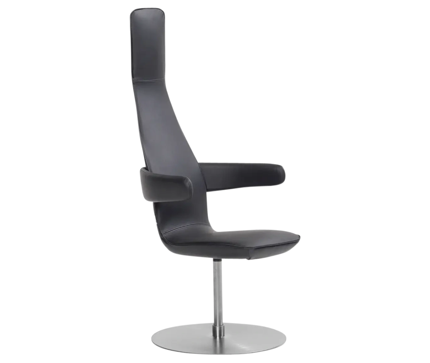 Bla Station Poppe high-back lounge chair in front-right view, fully upholstered dark leather seat, armrests, and a round disc base.