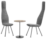 Bla Station Poppe high-back lounge chairs with fully upholstered grey seats and elongated backrests on slim metal legs.