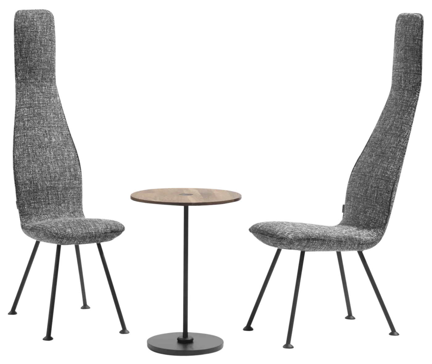Bla Station Poppe high-back lounge chairs with fully upholstered grey seats and elongated backrests on slim metal legs.