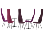 Bla Station Poppe high-back lounge chairs with fully upholstered purple seats and elongated backrests, paired with round pedestal tables.