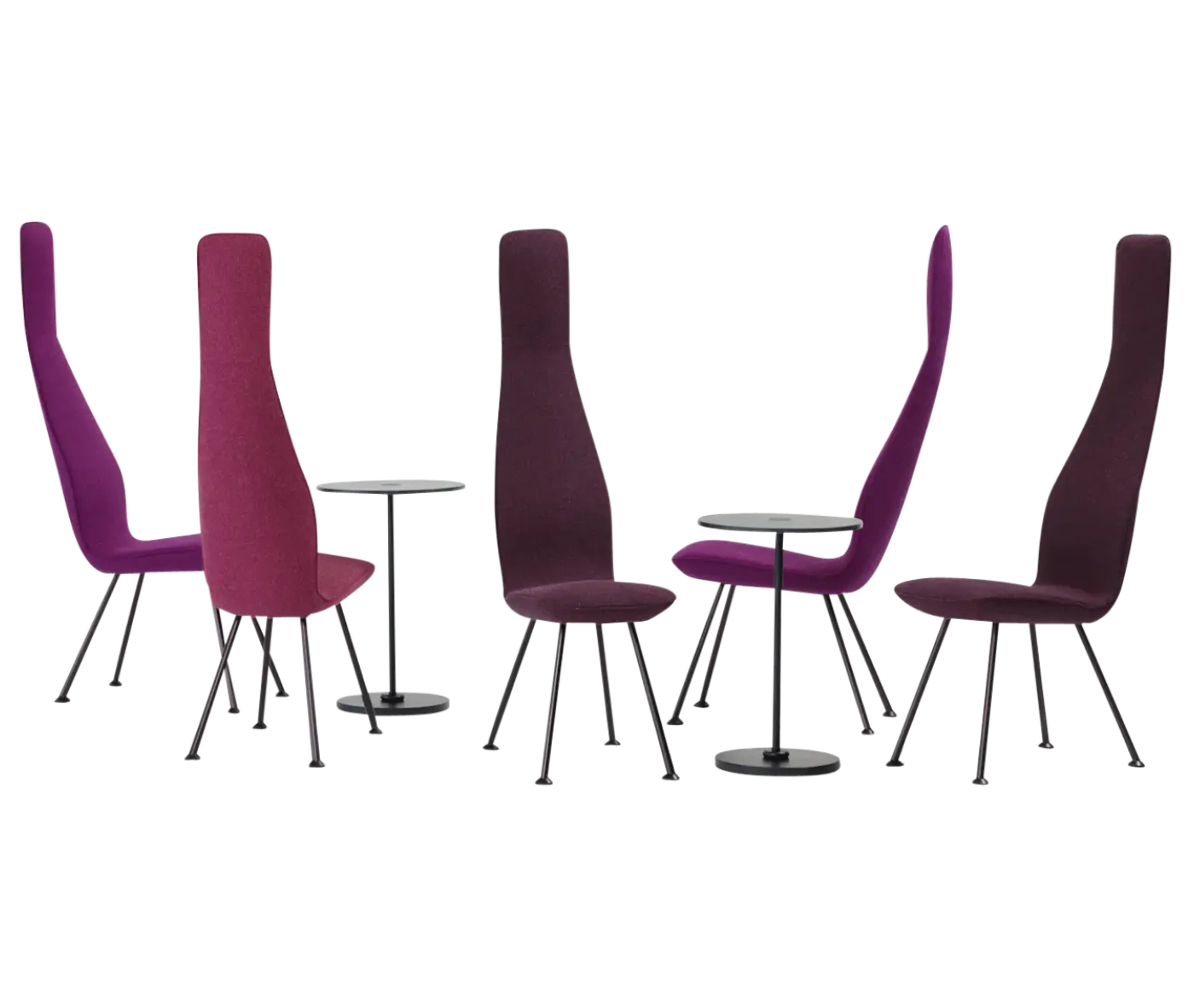 Bla Station Poppe high-back lounge chairs with fully upholstered purple seats and elongated backrests, paired with round pedestal tables.