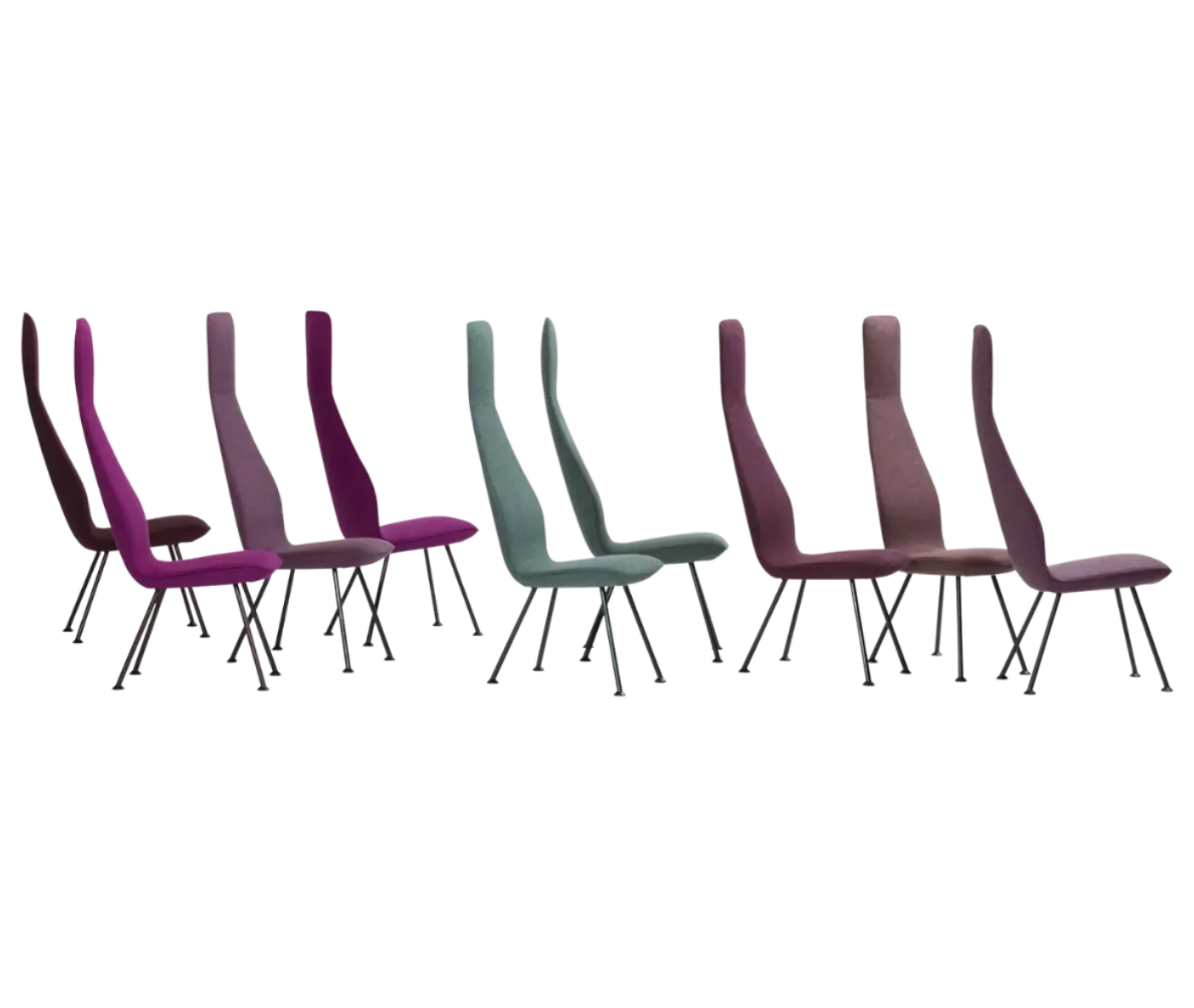 Bla Station Poppe high-back lounge chairs with fully upholstered seats and elongated backrests in assorted colours.