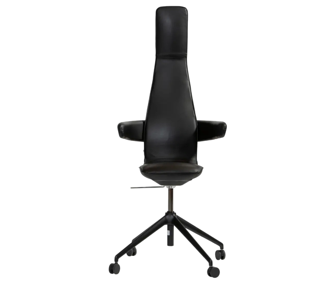 Bla Station Poppe high-back office chair, front view with black leather upholstery, elongated backrest, and caster base.