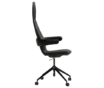 Bla Station Poppe high-back office chair, side view with black leather upholstery, elongated backrest, and caster base.