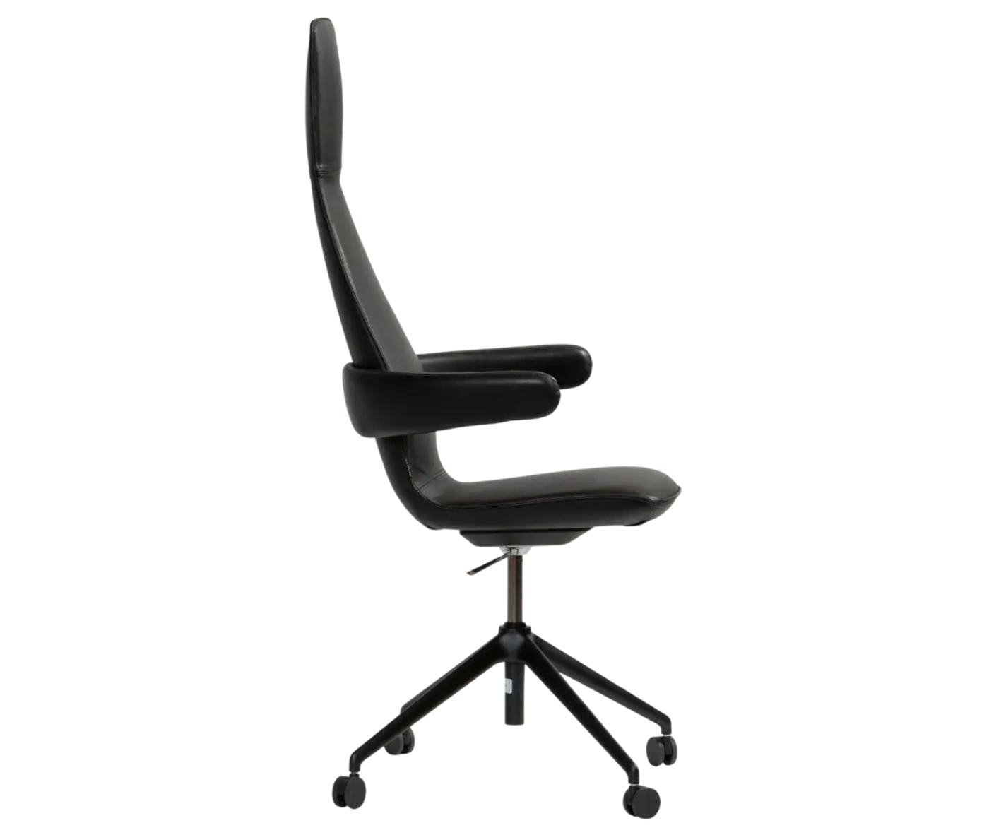 Bla Station Poppe high-back office chair, side view with black leather upholstery, elongated backrest, and caster base.