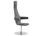 Bla Station Poppe high-back lounge chair, front-right view with fully upholstered patterned seat, armrests, and round disc base.