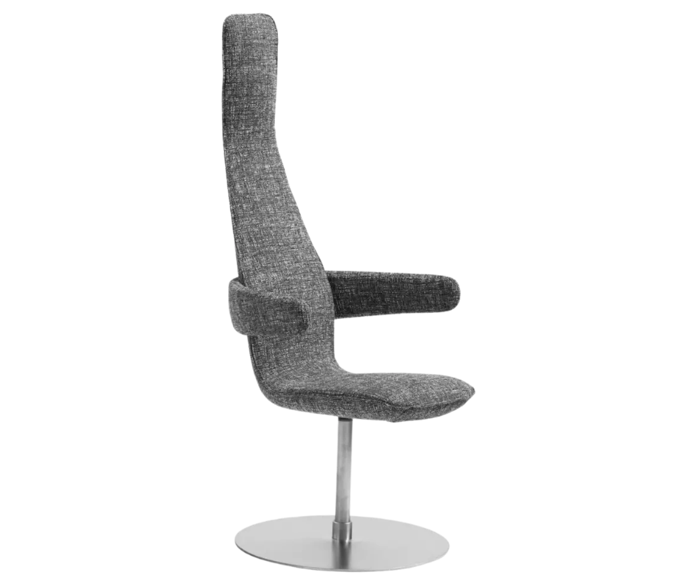 Bla Station Poppe high-back lounge chair, front-right view with fully upholstered patterned seat, armrests, and round disc base.