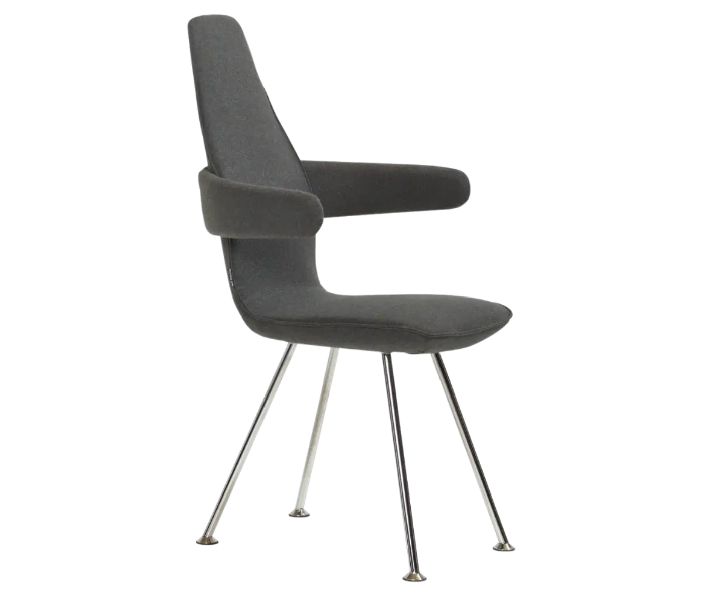 Bla Station Poppe lounge chair, front-right view with fully upholstered dark seat, armrests and slim metal legs.