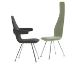 Bla Station Poppe lounge chairs in high-back and low-back versions with dark upholstery, armrests, and slim metal legs.
