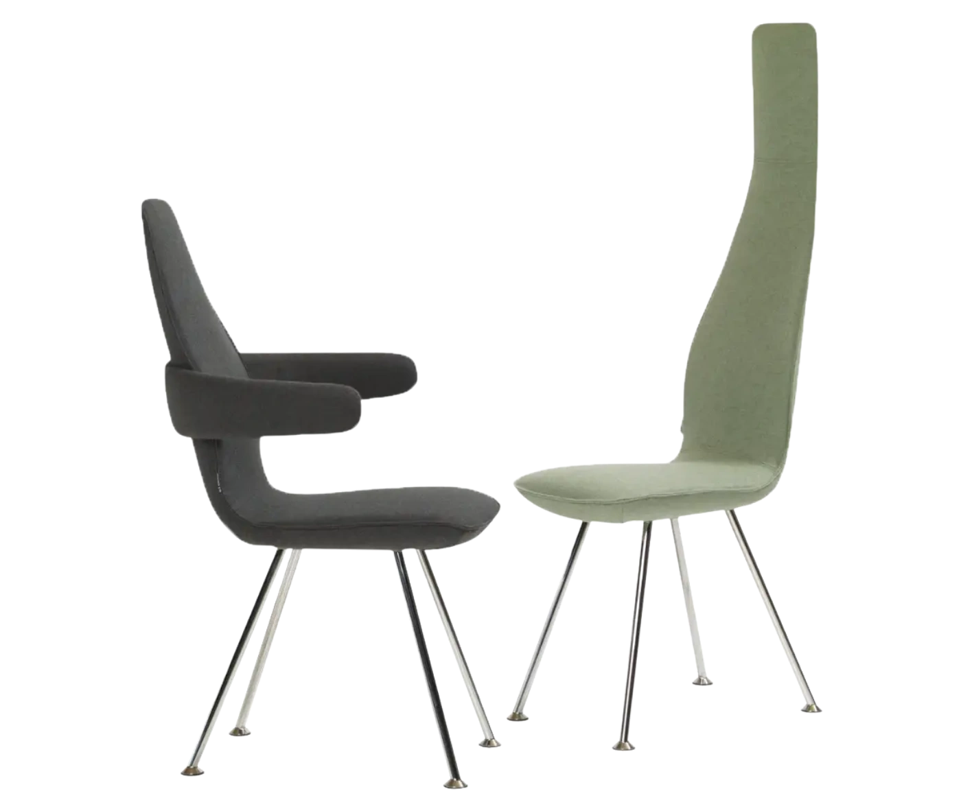 Bla Station Poppe lounge chairs in high-back and low-back versions with dark upholstery, armrests, and slim metal legs.