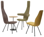 Bla Station Poppe lounge chairs in high-back and low-back versions with assorted upholstery and slim metal legs.