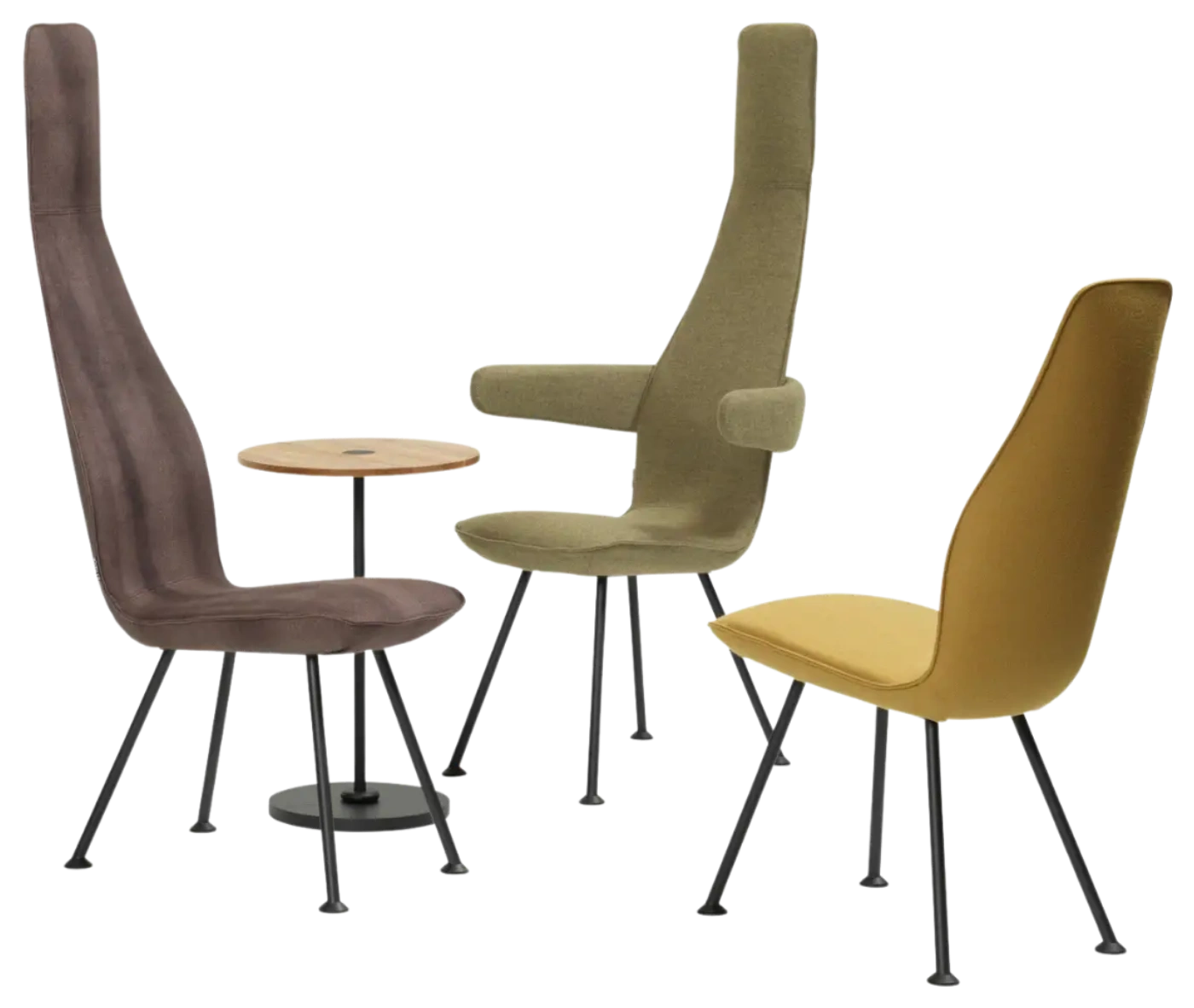 Bla Station Poppe lounge chairs in high-back and low-back versions with assorted upholstery and slim metal legs.