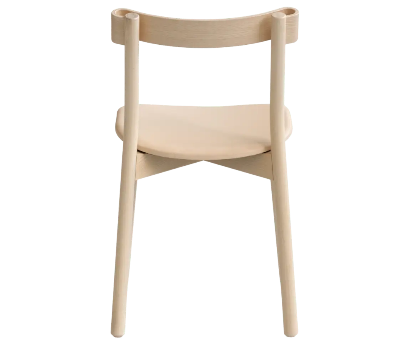 Bla Station Still Life chair, back view in natural timber with an upholstered seat.