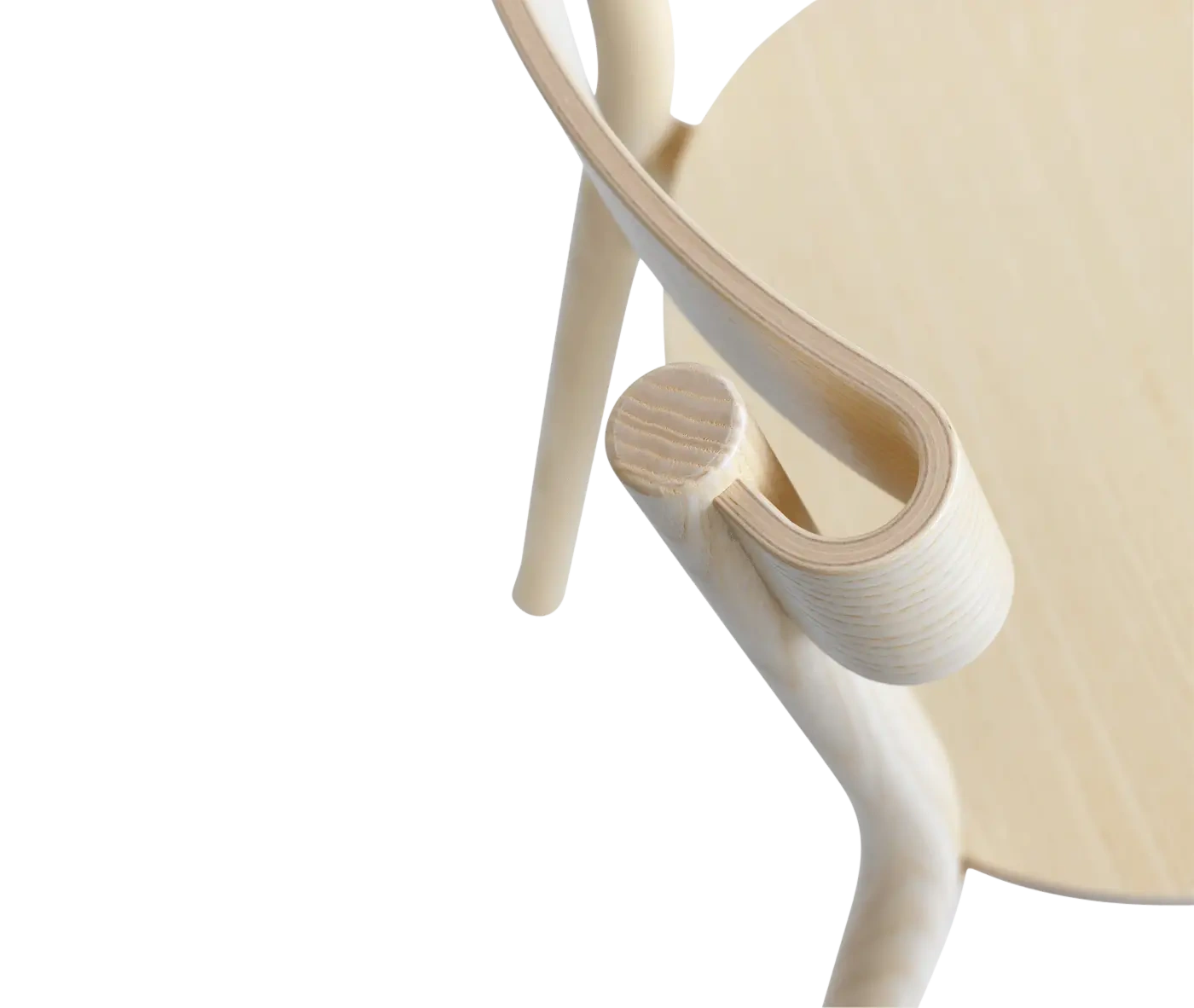 Bla Station Still Life chair, half close-up view in solid natural timber with curved backrest.