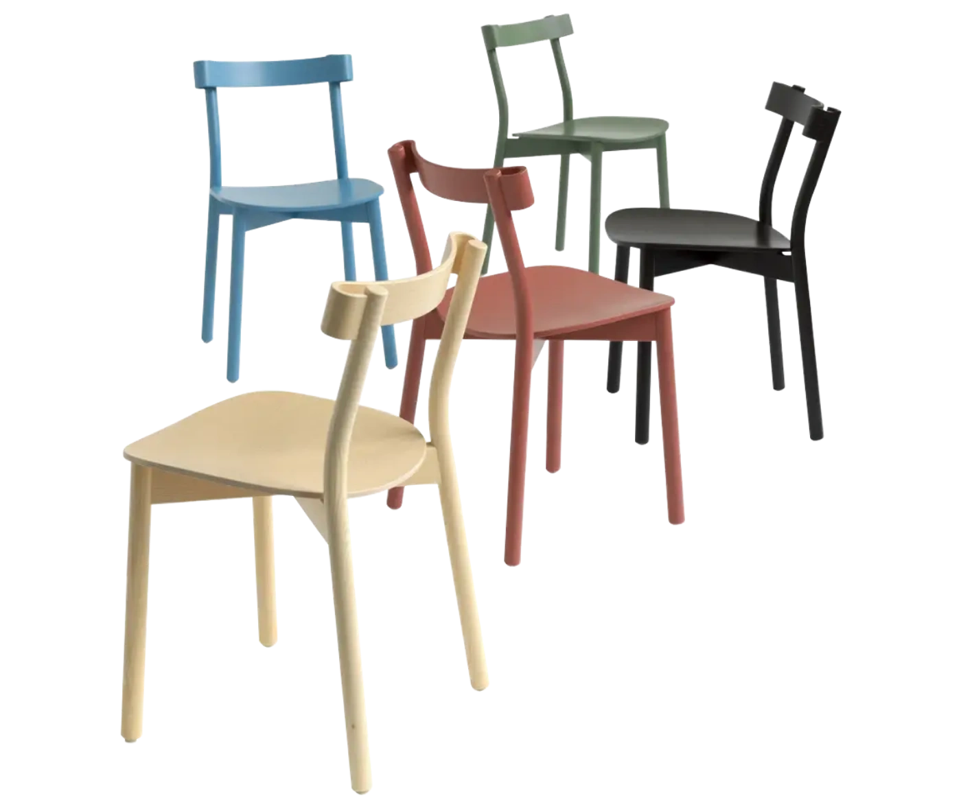 Bla Station Still Life chairs in assorted finish with all timber material, curved backrest and slim legs.