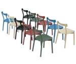 Bla Station Still Life chairs lined up, in assorted finish with all timber material, curved backrest and slim legs.
