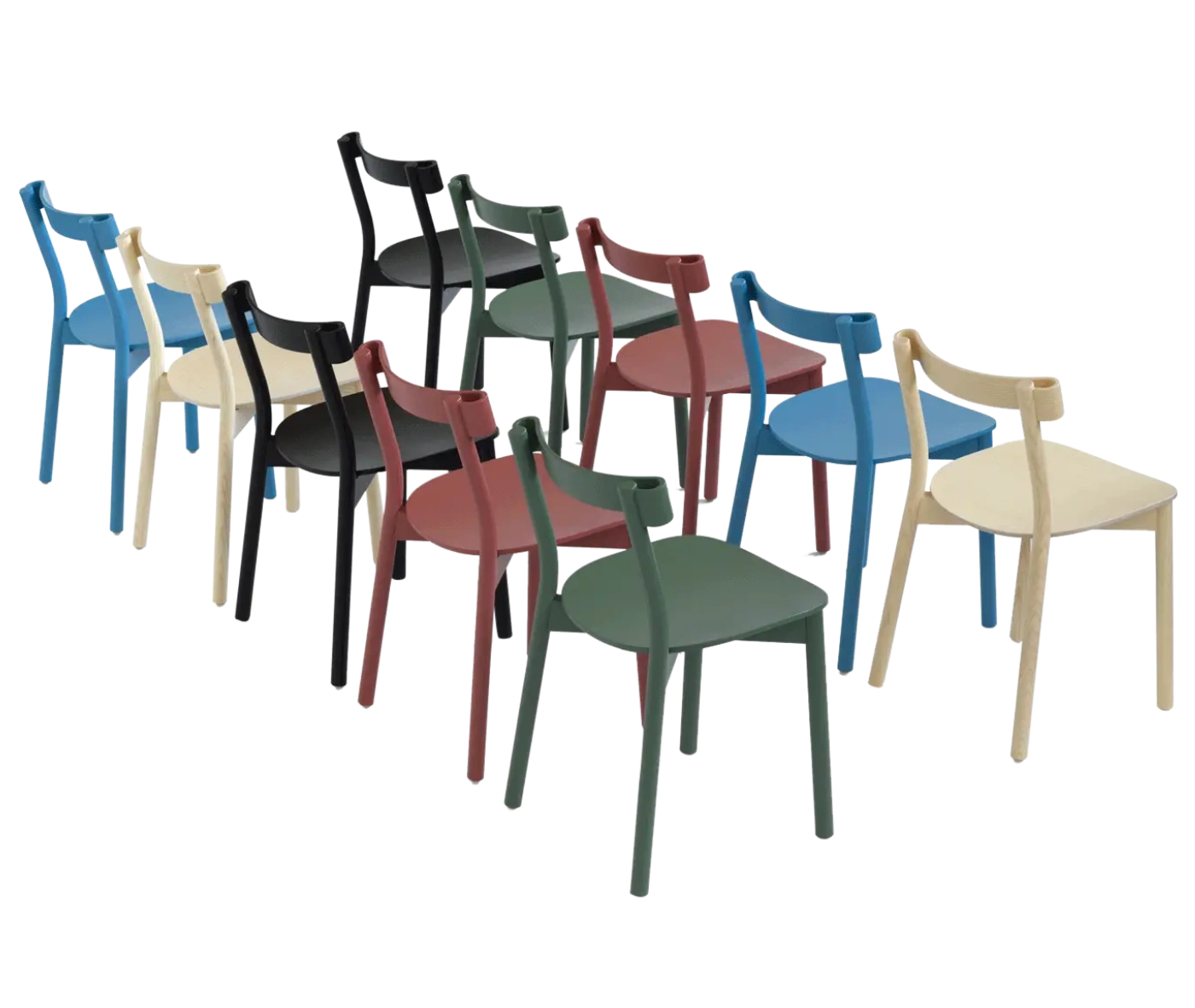 Bla Station Still Life chairs lined up, in assorted finish with all timber material, curved backrest and slim legs.
