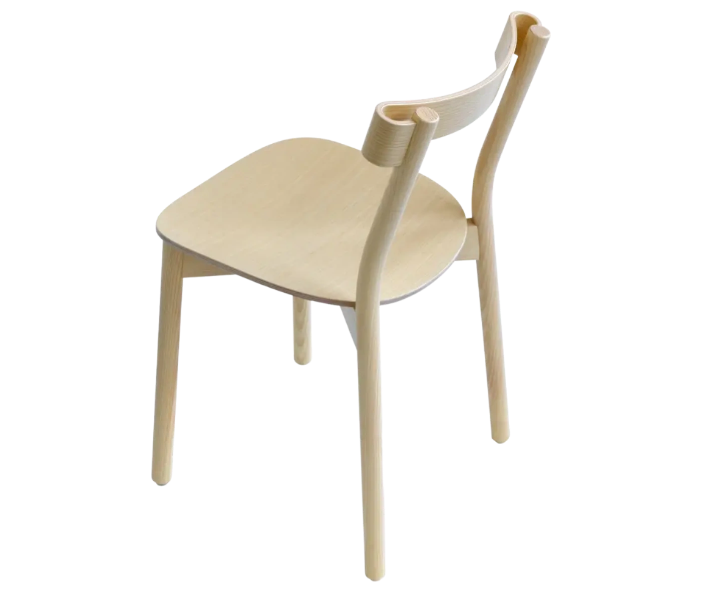 Bla Station Still Life chair, elevated view in natural timber with curved backrest and tapered legs.