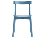 Bla Station Still Life chair, front view in light blue timber with curved backrest and tapered legs.