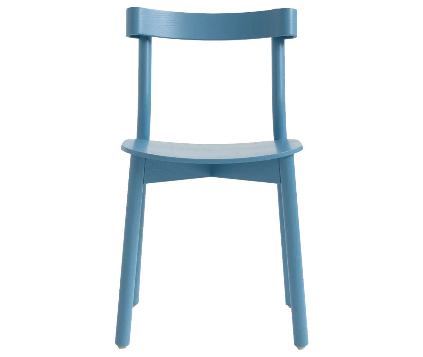 Bla Station Still Life chair, front view in light blue timber with curved backrest and tapered legs.