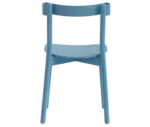 Bla Station Still Life chair, back view in light blue timber with curved backrest and tapered legs.