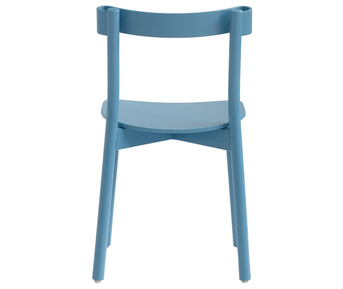 Bla Station Still Life chair, back view in light blue timber with curved backrest and tapered legs.