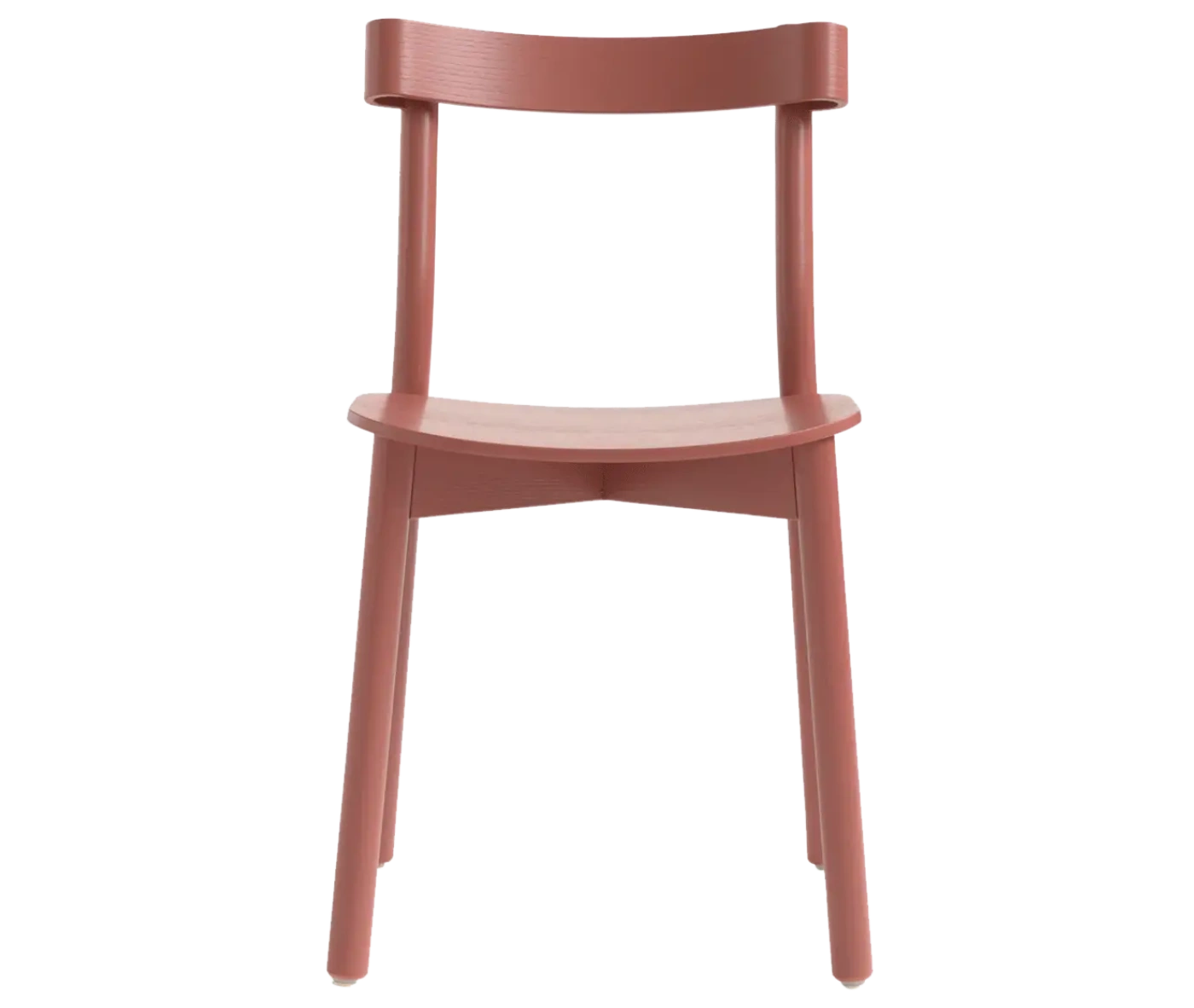 Bla Station Still Life chair, front view in terracotta timber with a curved backrest and slim legs.
