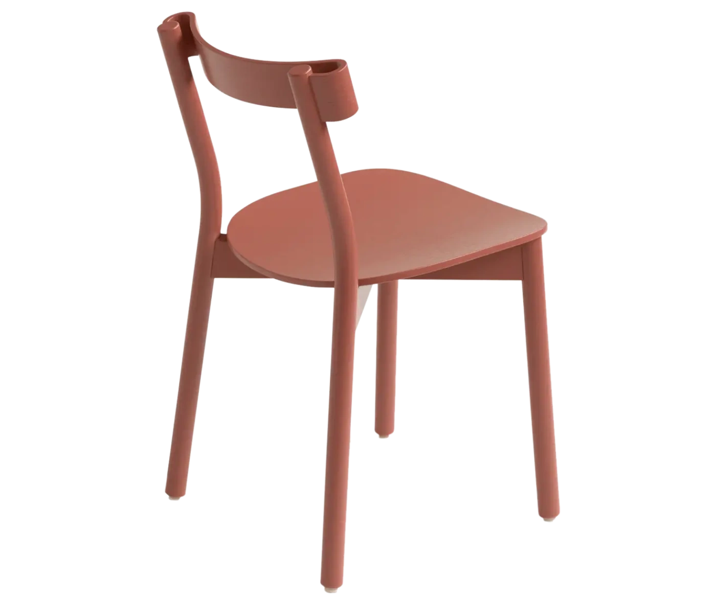 Bla Station Still Life chair, angled back-right view in terracotta timber with a curved backrest and slim legs.