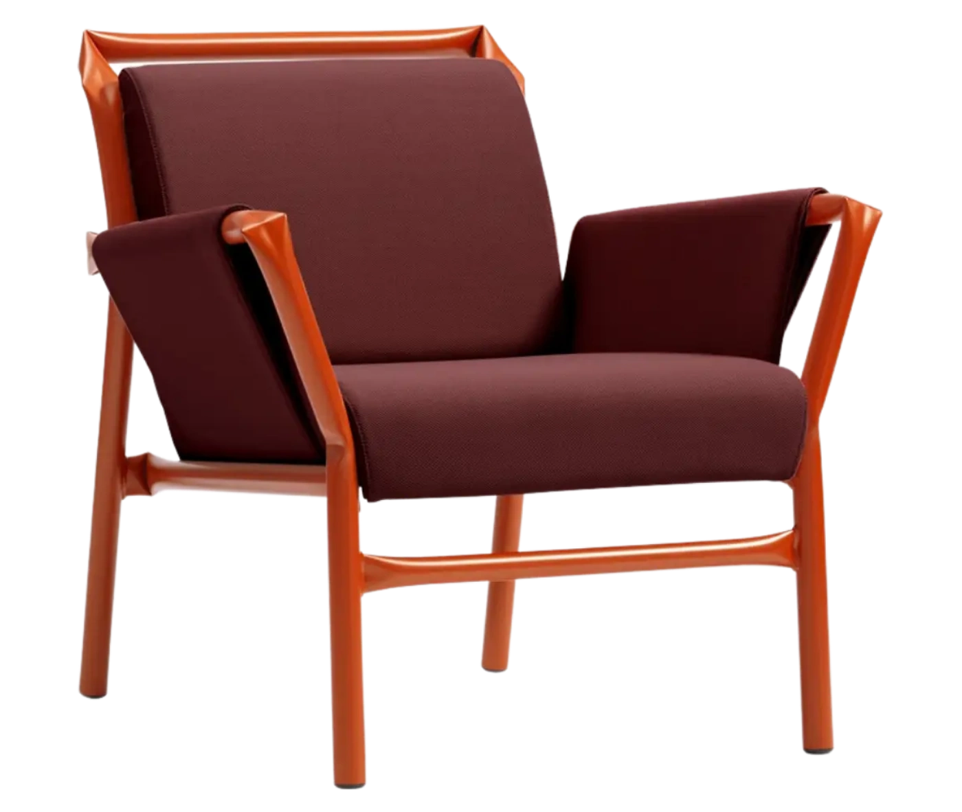 Bla Station Superkink lounge chair, front-right view with upholstered seat and backrest on an orange metal frame.