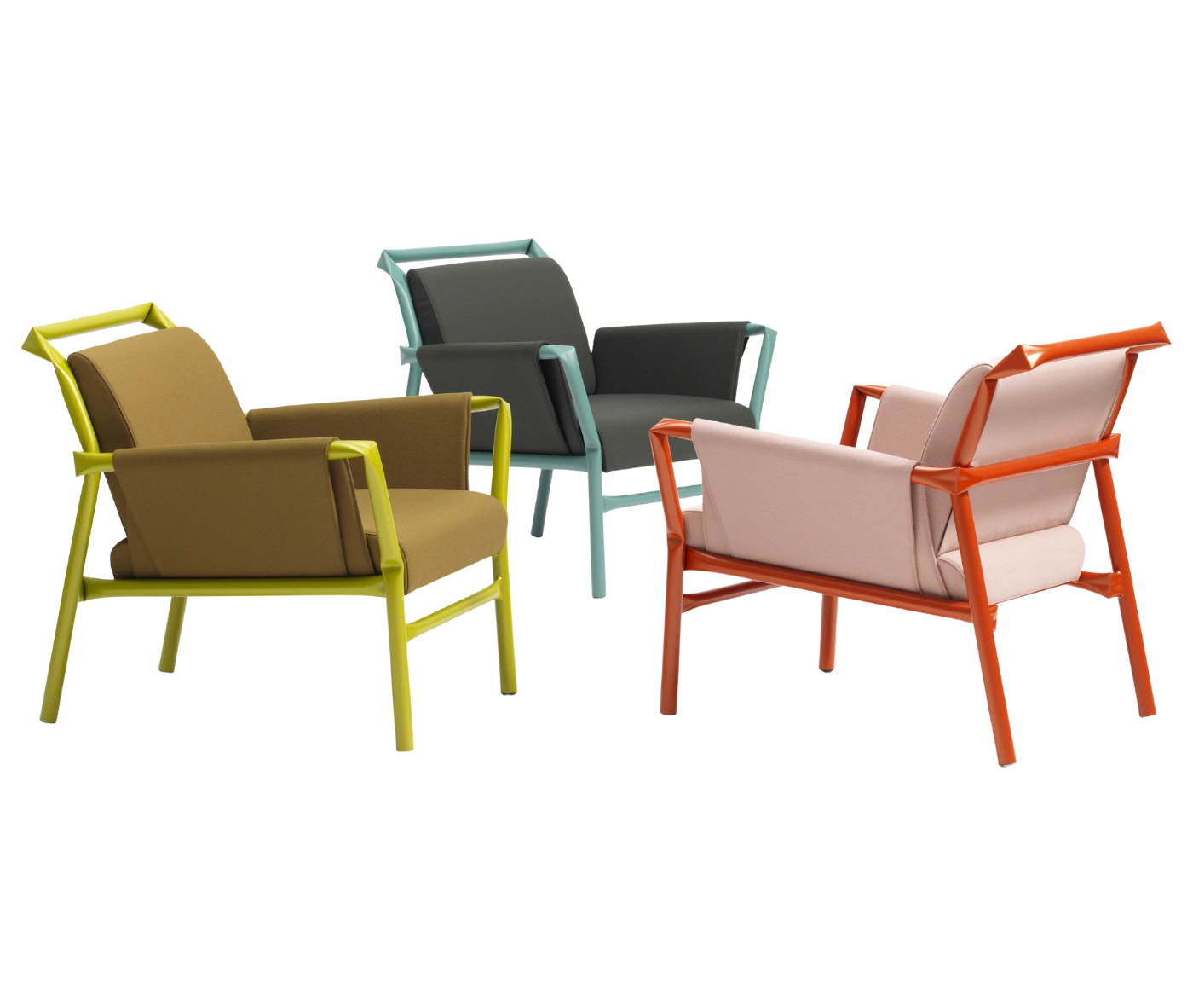 Bla Station Superkink lounge chairs with upholstered seats, backrests, and armrests on a metal frame.