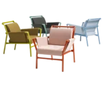 Bla Station Superkink lounge chairs with upholstered seats, backrests, and armrests on a metal frame in assorted finish.
