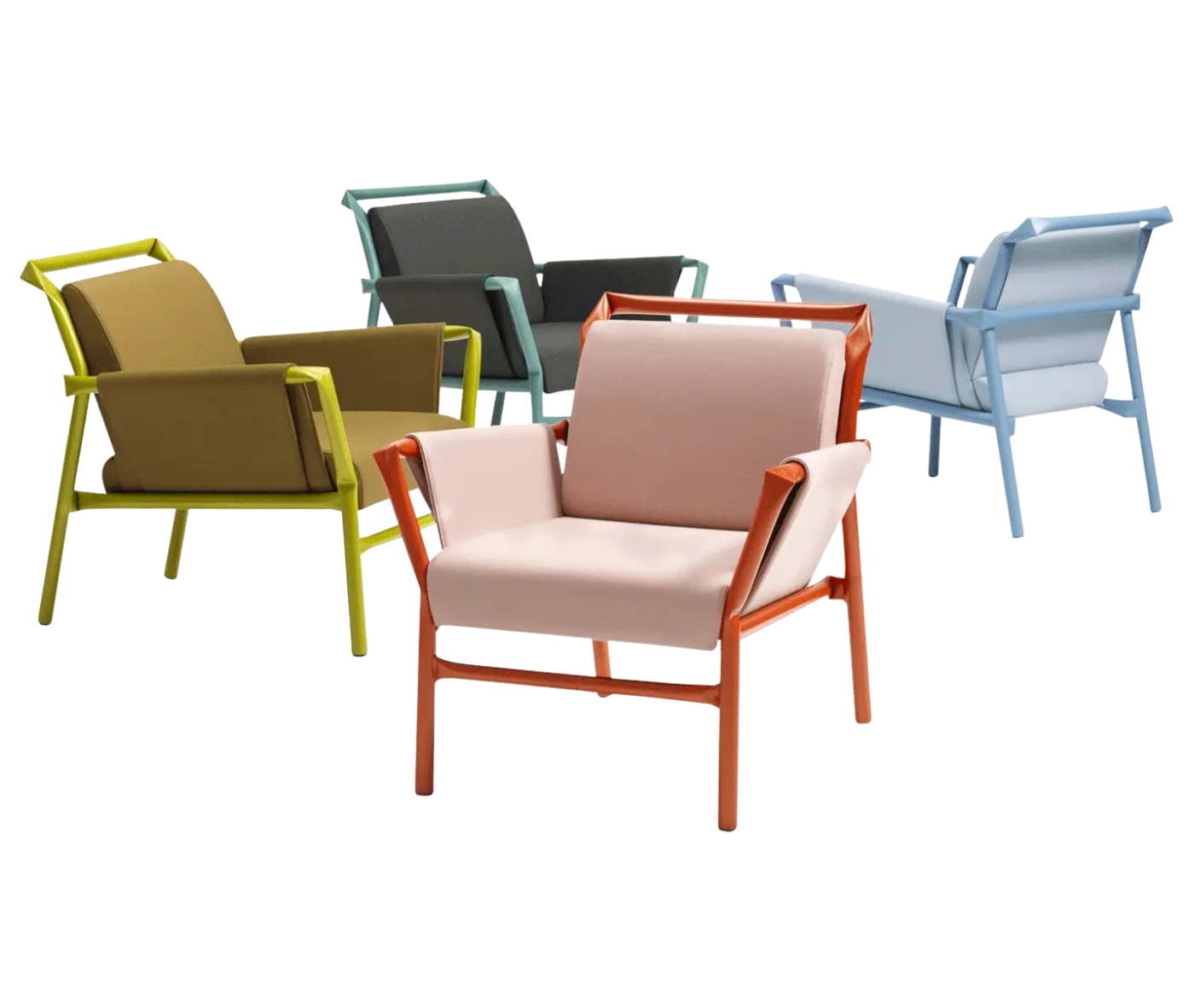 Bla Station Superkink lounge chairs with upholstered seats, backrests, and armrests on a metal frame in assorted finish.