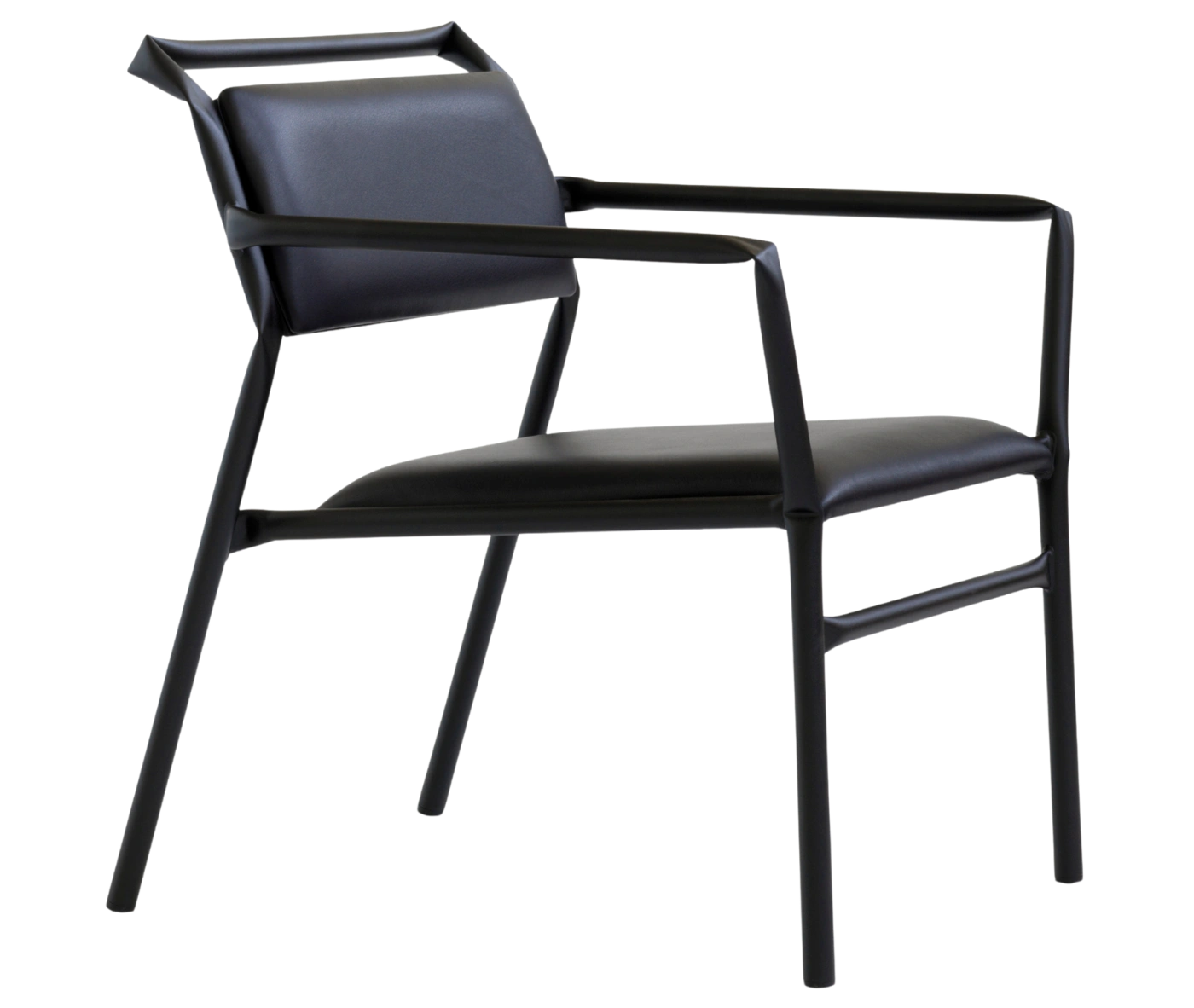 Bla Station Superstraw armchair, front-right view with upholstered seat and backrest on a black metal frame with armrests.