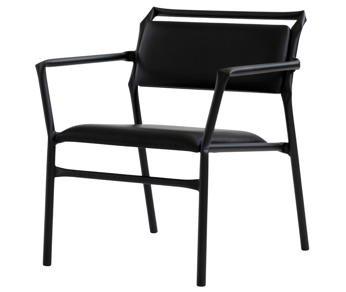 Bla Station Superstraw armchair, front-left view with upholstered seat and backrest on a black metal frame with armrests.