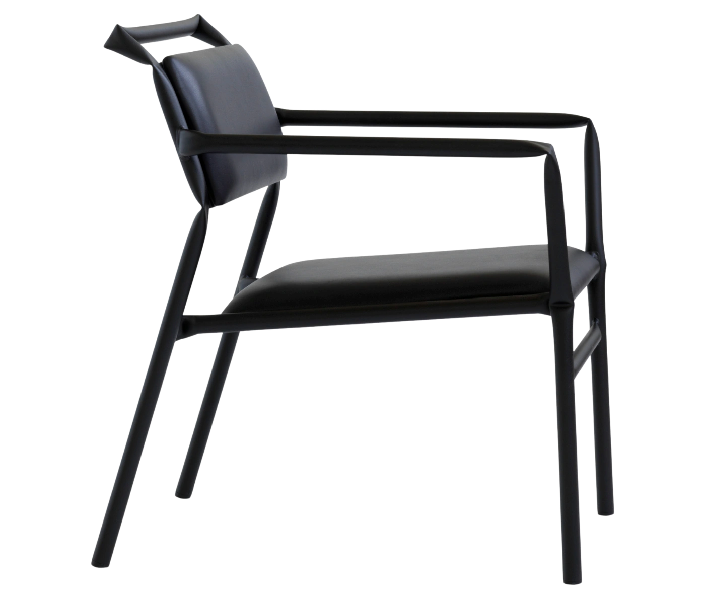 Bla Station Superstraw armchair, right-side view with upholstered seat and backrest on a black metal frame with armrests.
