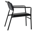 Bla Station Superstraw armchair, angled side view with upholstered seat and backrest on a black metal frame with armrests.